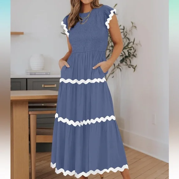 ZESICA Women's Summer Flutter Short Sleeve Smocked Maxi Dress - Picture 2 of 13